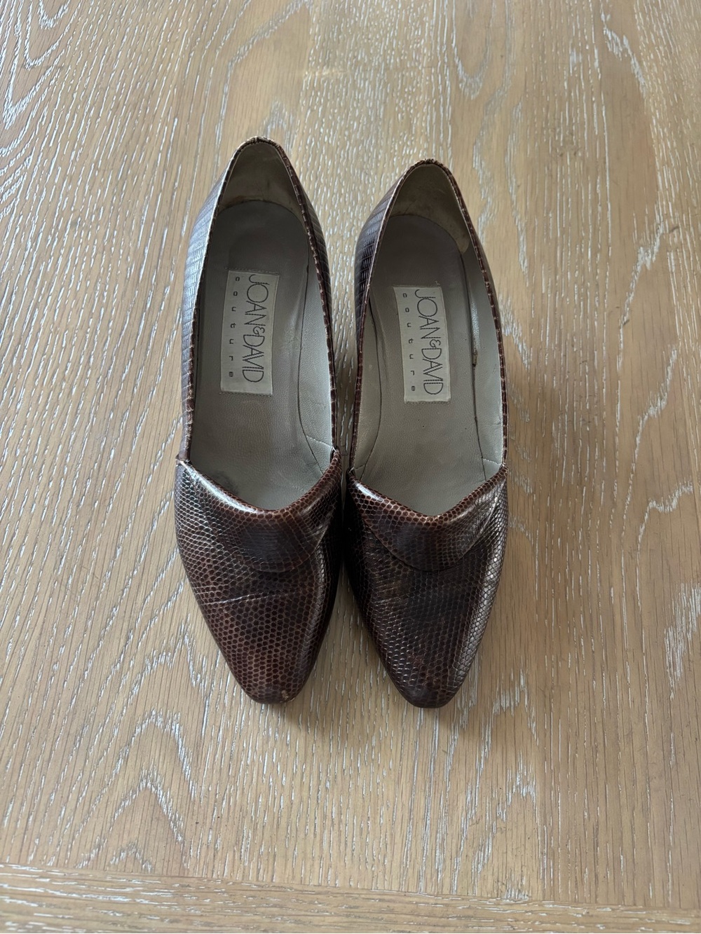 Joan & David Dark Brown Lizard-Embossed Pointed Flats